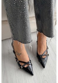 Resim Duxal Shoes İki Bantlı Bordo Rugan Kadın Topuklu Siyah 