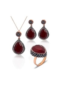 Resim Yakut Ve Swarovski Taşlı 925 Ayar Gümüş Kadın Üçlü Set 201025576 