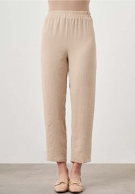 Resim Mizalle Beli Lastikli Bej Rengi İnce Kumaş Pantolon 