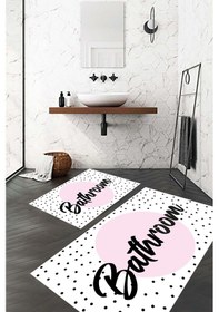 Resim Bathroom Yazılı Banyo Paspası, Dekoratif Paspas, Yıkanabilir, Beyaz 