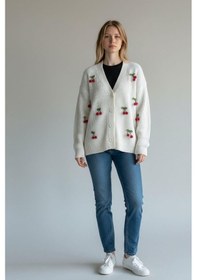 Resim Triko Kiraz Detaylı Cotton Angora Yünlü Uzun Kollu Kazak Beyaz 