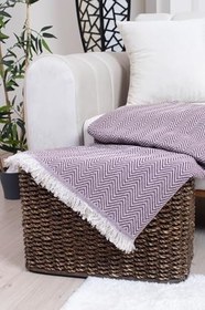 Resim Pamuklu Zikzak Desenli Püsküllü Koltuk Örtüsü, 170x210 cm, Geometrik Desen, Minimalist Stil, Yıkanabilir (Bordo) 
