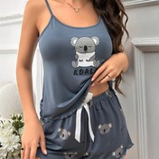 Resim Koala & Letter Baskılı Pijama Takımı Kadınlar İçin - Sevimli Kolsuz Kolsuz Üst & Şort, Beyaz Askılı Kahverengi, Yumuşak Polyester Kumaş, Yaz Akşamları İçin Mükemmel, Rahat Uyku Giyimi | Eğlenceli Baskılı Üst | Rahat Kesim 