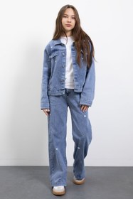Resim Cansın Mini Mavi Kalp Desenli Düğmeli Ceketli Pantolonlu Kız Çocuk Jean Takım 23475 
