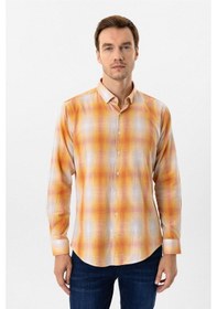 Resim Süvari Turuncu Slim Fit Desenli Düğmeli Yaka Gömlek 