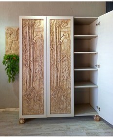 Resim Ormanın Kalbi Orman Detaylı 3 Kapaklı Ahşap Oyma Gardırop 