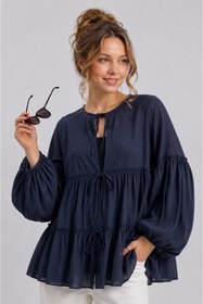 Resim GLOW MUSE Kolu Lastikli Önü Bağlamalı Katlı Kimono -Lacivert 