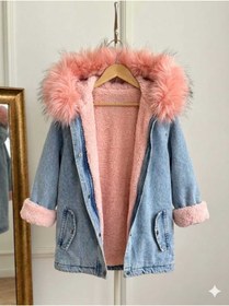 Resim Burçak Butik Kız Çocuk Kapüşonlu İçi Peluş Kürklü Kot Mont Kaban 