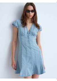 Resim Dilvin 90583 %100 Pamuk Çıtçıt Detaylı Denim Elbise-mavi 