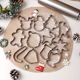 Resim 12 Adet Noel Tatili Kurabiye Kesici Seti, Paslanmaz Çelik Pasta Pişirme Kalıpları, Tatil Kurabiyeleri için Noel Temalı Şekiller, Zencefilli Kurabiye, Şeker - Mutfak Pişirme Araçları ve Aksesuarları. 