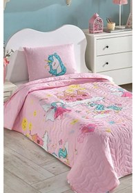 Resim Kapitone Yatak Örtüsü Seti Tek Kişilik Unicorn Dreams Pembe Pembe 