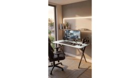 Resim Hey Modüler Mobilya 120 cm Gaming Profesyonel Oyuncu Masası Beyaz Tabla, Siyah Metal Ayaklı Hey Gaming 