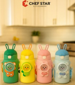 Resim Chefstar Sevimli Tavşan Pipetli Paslanmaz Çelik Çocuk Termos Suluk – 500 Ml | Askılı Karışık Renk 