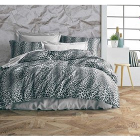 Resim Çift Kişilik Yorgan Kılıfı 2 Adet Yastık Kılıfı Leopar Temalı Gri 