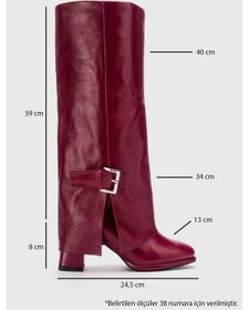 Resim Luvishoes Lojo Bordo Kırışık Rugan Hakiki Deri Tokalı Kadın Kalın Topuklu Çizme Bordo 
