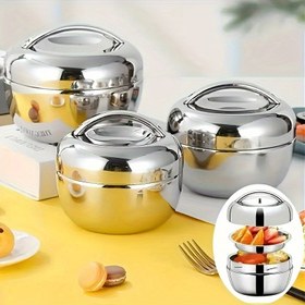 Resim Paslanmaz Çelik Yalıtımlı Öğle Yemeği Kutusu - Çift Katmanlı, Sızdırmaz Bento Box Ofis Çalışanları ve Öğrenciler İçin, Mikrodalgaya Uygun, Yeniden Kullanılabilir Gıda Kabı, Yuvarlak Şekil, Okula Dönüş 