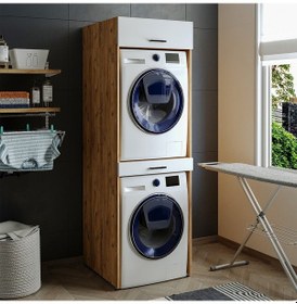 Resim Çamaşır Ve Kurutma Makinesi Dolabı+Üst Dolabı 67X205 Cm A.Çam-Byz Atlantik Çam - Beyaz 