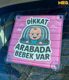 Resim MEGBUY Pembe Renk Dikkat Arabada Bebek Var Yazılı Bebek Araba Cam Süsü Oto Aksesuar Vantuzlu 