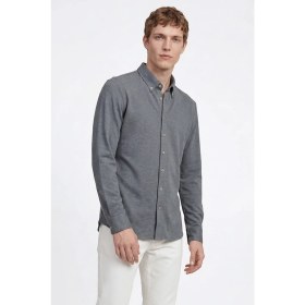 Resim Altınyıldız Classics Erkek İndigo Pamuklu Tailored Slim Fit Dar Kesim Düğmeli Yaka Örme Gömlek 