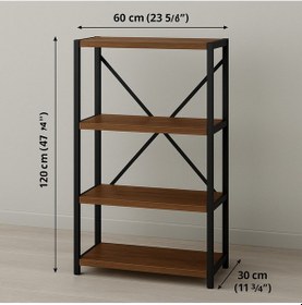 Resim Ofis Salon İçin Siyah Metal Çerçeveli 4 Raflı Endüstriyel Dosya Kitap Rafı 120x60x30 Cm Kahverengi 