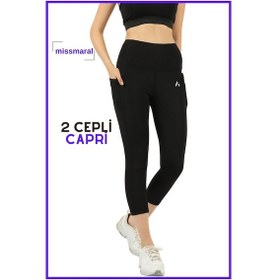 Resim Missmaral Kadın Siyah Yüksek Bel Toparlayıcı Çift Cepli Diz Altı Kapri Tayt Capri Slim Fit 1054 SiYAH 