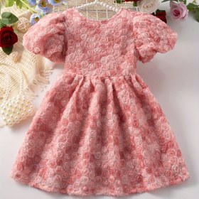 Resim 1 adet Kız 3D Gül Örgü Elbise - Pembe Gradyan Yuvarlak Yaka Kısa Kollu Flared Hem, Tatlı Prenses Stili, Doğum Günü Partileri ve Rahat Geziler için Kolay Fermuar Tasarımı, Kız Prenses Elbisesi, Parti Kıyafeti, Zarif Siluet, Esnek Olmayan Kumaş, Kız Prenses Elbisesi, Kızlar İçin Elbiseler, Doğum Günü Kız Elbisesi 