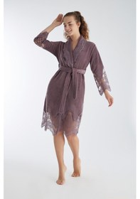 Resim Dantelli Kısa Şalyaka Bukle Bambu Cotton Bayan Bornoz Vizon 