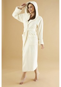 Resim Uzun Kapüşonlu Triga Bambu Cotton Bayan Bornoz Krem 