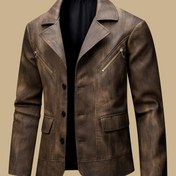 Resim Erkekler için Vintage Motosiklet Ceketi - Sahte Deri İş Blazer, Notch Yaka, Kahverengi Resmi ve Günlük Ofis, Parti, Düğün İçin Klasik Üç Düğmeli Kapama, Esnemez Kumaş - Her Gün & Özel Günler İçin Dış Giyim, Motosiklet Sürme Ekipmanı, Ofis Kıyafeti, Retro Moda, Dayanıklı Malzeme, Şık Centilmenler, Parti Kıyafeti, Vintage Tasarım, Yüksek Kalite Dikiş, Profesyonel Erkekler 