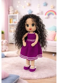 Resim Amigurumi Kız Bebek El Örgüsü, Sentetik Uzun Kıvırcık Saçlı Oyuncak Bebek Bordo 