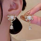 Resim 1 Çift Vintage Royal Tarzı Hollow Kalp Küpeler ile Sentetik İnciler ve Rhinestones, Çinko Alaşım Damla Sallanan Küpeler Günlük ve Balodaki Etkinlikler için, Moda Lüks Aksesuar 