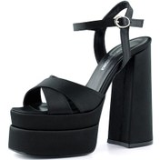 Resim Erkan Saçmacı Whitney Siyah Saten Önü Arkası Açık Çift Platformlu Bantlı Kalın Topuklu Abiye Ayakkabı Siyah 