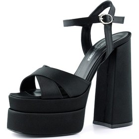 Resim Erkan Saçmacı Whitney Siyah Saten Önü Arkası Açık Çift Platformlu Bantlı Kalın Topuklu Abiye Ayakkabı Siyah 