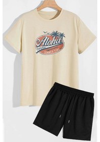 Resim Aloha Şort T-shirt Eşofman Takımı L / Bej Bej 
