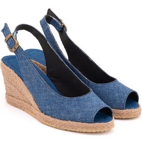 Resim Star Tombis Gerçek Elişi Burnu Açık Arkası Bantlı Dolgu Topuk Mavi Keten Hasır Espadril Handmade Saks Mavi 