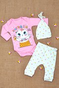Resim bebboo %100 Pamuk Süslü Kedi Temalı 3'lü Pamuk Body & Zıbın Pijama Takımı 