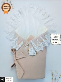 Resim Dantelli Bebek Battaniyesi %100 Pamuklu Doğal Organik Uyku Kundağı Hediyelik Yenidoğan Mevlütlük Knd45508 Ekru 