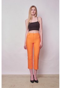 Resim JUMENT Yüksek Bel Önden Cep Kapaklı Boru Paça Hafif Likralı Kumaş Pantolon-mango 