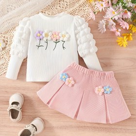 Resim 2 Adet Kızlar İçin Sonbahar/Kış Kabarcık Desenli Yama Uzun Kol 3D Çiçek Pamuklu Ribana Üst ve Puantiyeli Etek Takımı, Şık 3D Süslemeler, Günlük Giysi & Dünya Sporları ile Harika 