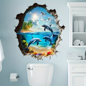 Resim 1 adet 3D Kırık Duvar Sticker, Mavi Delfin Desenli Sticker, Okyanus Dünyası Duvar Stickeri, Kolay Çıkarılabilir ve Yapıştırılabilir, Ev Duvar Dekorasyonu 