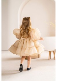 Resim Linola Baby Kids Puffy Şifon Kız Çocuk Parti Elbisesi Bej 