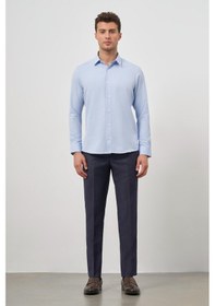 Resim İmza Mavi Uzun Kol Kendinden Desenli Armürlü 032 Sert Yaka Classic Slim Fit Gömlek 1004245151 Mavi 
