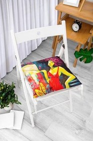 Resim RealHomes Sulu Boya Kırmızı Elbiseli Motifli Özel Tasarım Pofidik Sandalye Minderi 