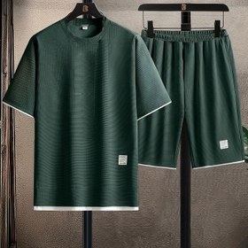 Resim İki Parça Waffle Erkek Lüks Sahte İki Parça Kısa Kollu Üst ve Düz Renk Şort Pijama Seti, Moda ve Rahat, Cilt Dostu, Erkeklerin Gündelik Ev Giysisi İçin Uygundur 