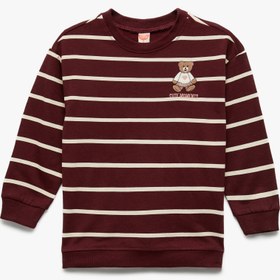 Resim Kız Bebek Şardonlu Ayıcık Baskılı Uzun Kollu Bisiklet Yaka Çizgili Sweatshirt 