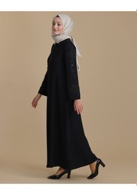 Resim Siyah Kolları Kristal Taşlı Fermuarlı Tesettür Ferace 001 