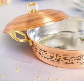 Resim Bakır Pilav Tenceresi Oyma Nakış İşleme Mat Bakır Renk 25 Cm 