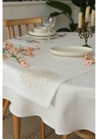 Resim Yakacihome Çiçek Güpürlü 4 'lü Amerikan Servis& Runner Gardenya Keten Yıkanabilir Leke Tutmaz Premium Çeyiz Set Krem 