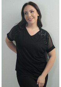Resim Kadın V Yaka Omuzu Fileli Pullu Büyük Beden Likralı Bluz-40846 Siyah 