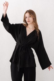 Resim İpekçi Otantik %100 Saf Keten Kuşaklı Kısa Kimono Siyah 